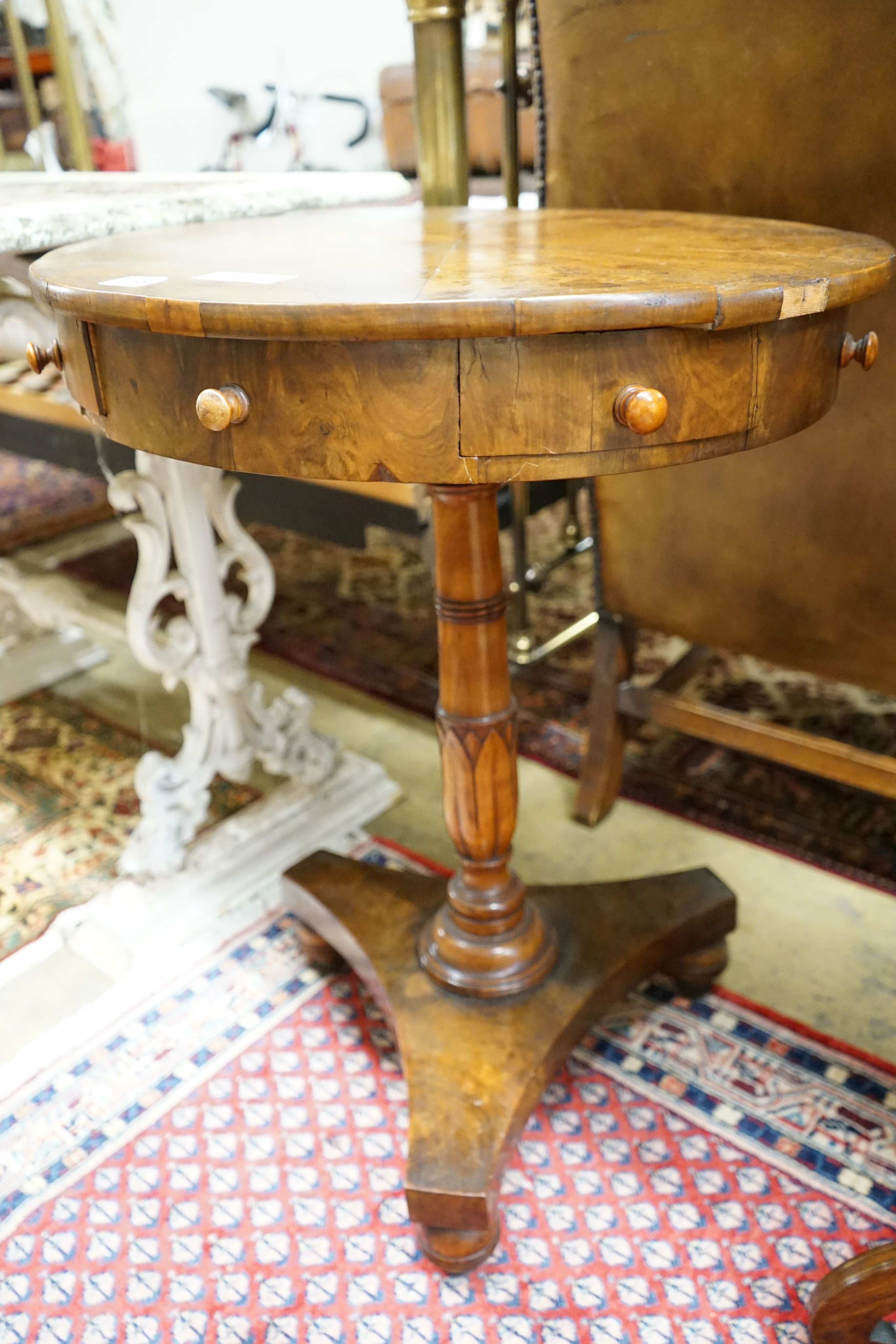 An early 19th century Maltese olive wood circular inlaid drum table, pedestal base, diameter 54cm, height 72cm